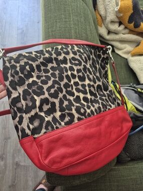 Coach Leopard Print Shoulder Bag with Red Leather Trim